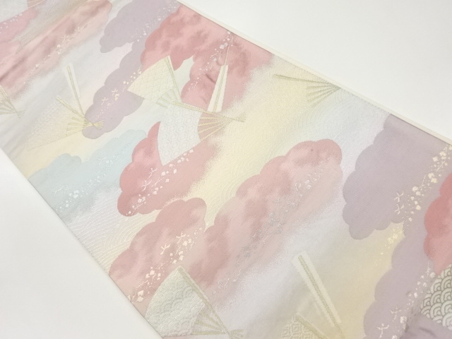 扇に古典柄・雲・波模様織出し袋帯